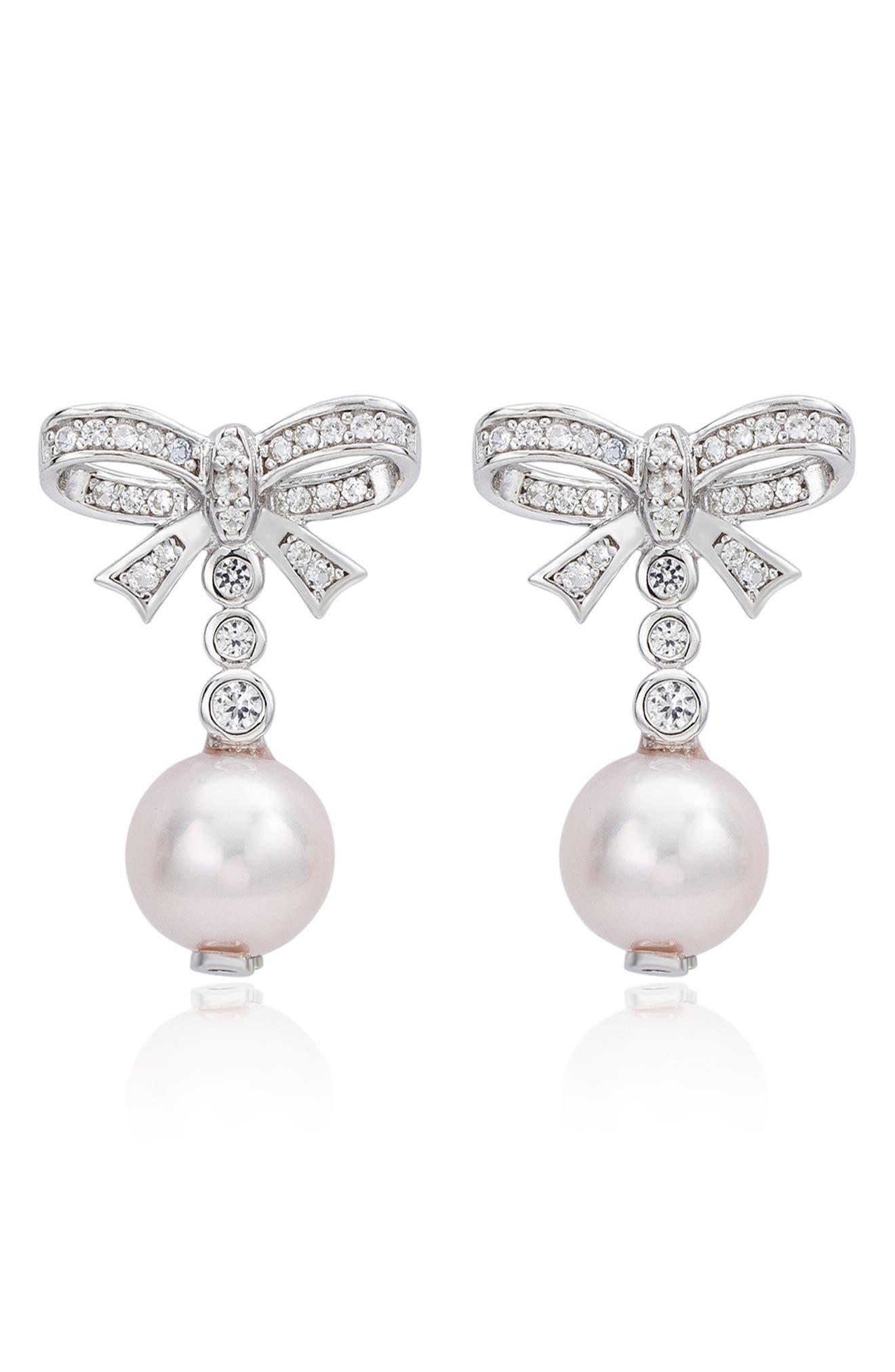 Sterling Silver Created White Sapphire & Pink Cultured Freshwater Pearl Bow Drop Earrings