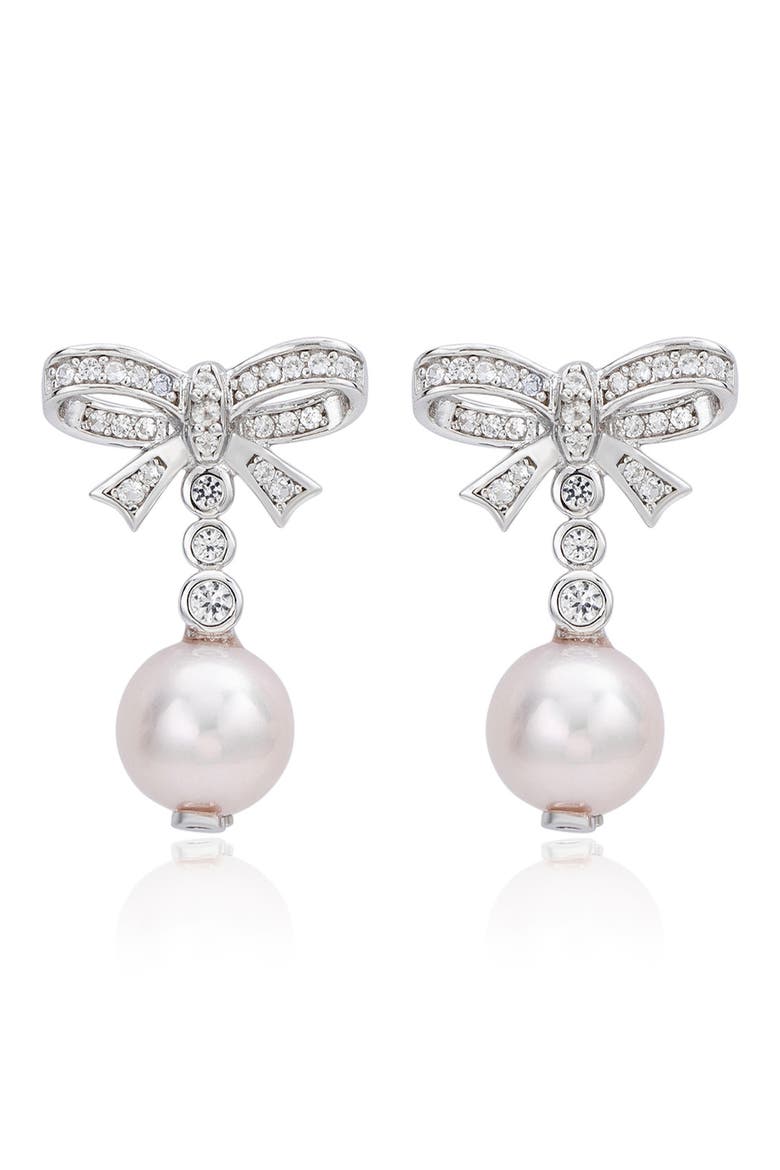 Sterling Silver Created White Sapphire & Pink Cultured Freshwater Pearl Bow Drop Earrings, Main, color, WHITE