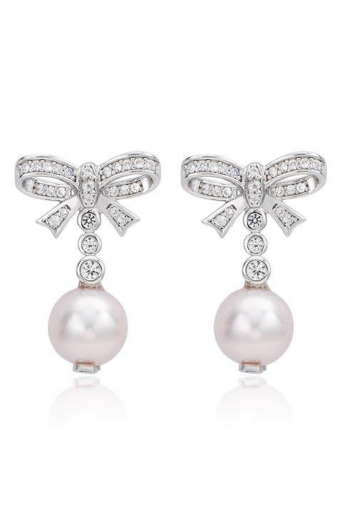 Sterling Silver Created White Sapphire & Pink Cultured Freshwater Pearl Bow Drop Earrings