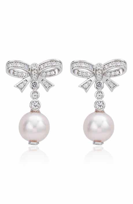 Sterling Silver Created White Sapphire & Pink Cultured Freshwater Pearl Bow Drop Earrings