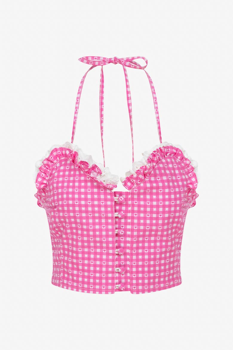 Sweetheart Gingham Crop Bustier Top With Lace Trim, Alternate, color, Pink