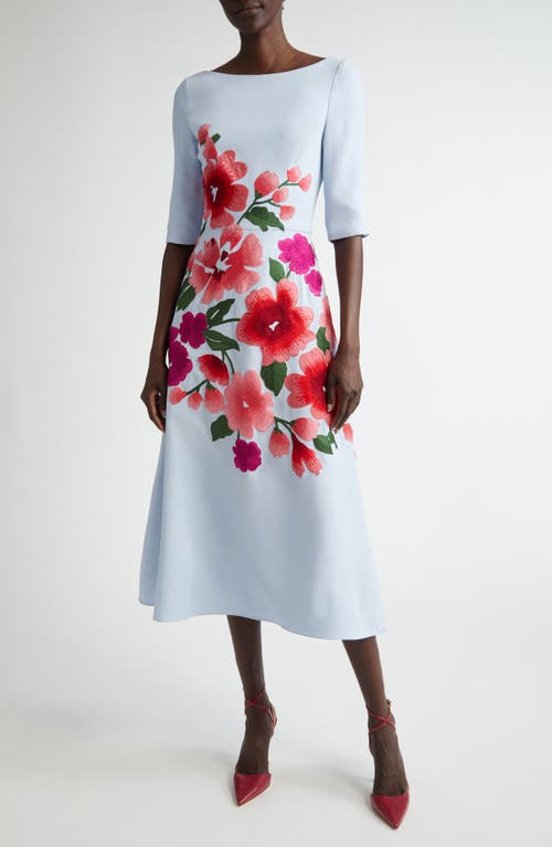 Carolina Herrera Floral Embroidered 3/4-sleeve Midi Dress In Celeste Multi