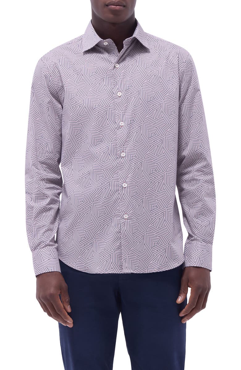 Bugatchi Axel Geo Print Shaped Fit Stretch Cotton Button-Up Shirt, Main, color, Dusty Pink