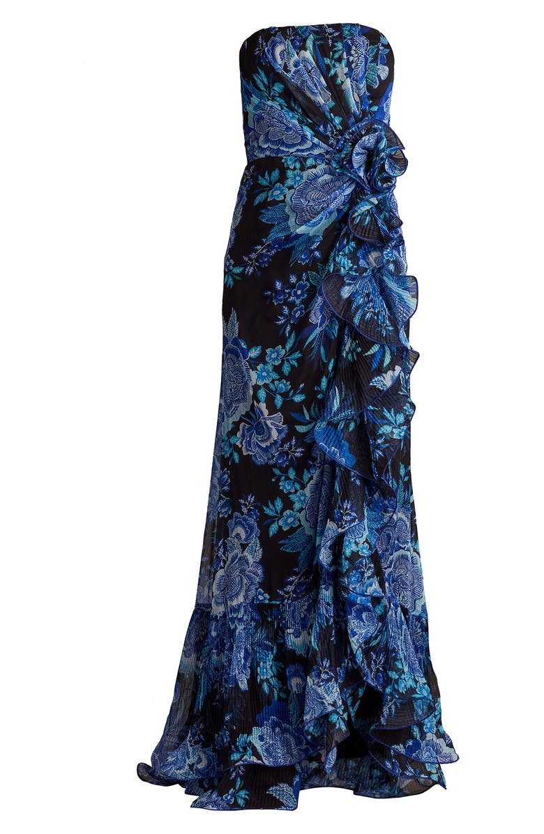 Tadashi Shoji Side Ruffle Strapless Gown, Alternate, color, Black/ Blue Floral