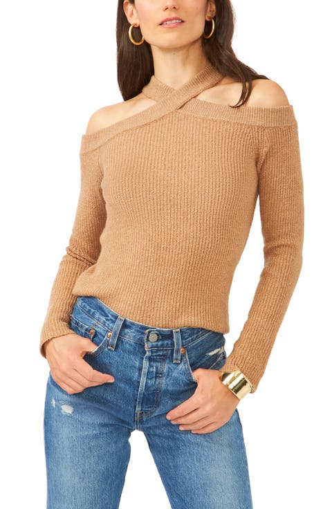 Cross Neck Cold Shoulder Cotton Blend Sweater