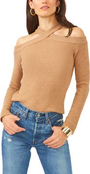 1.STATE Cross Neck Cold Shoulder Cotton Blend Sweater