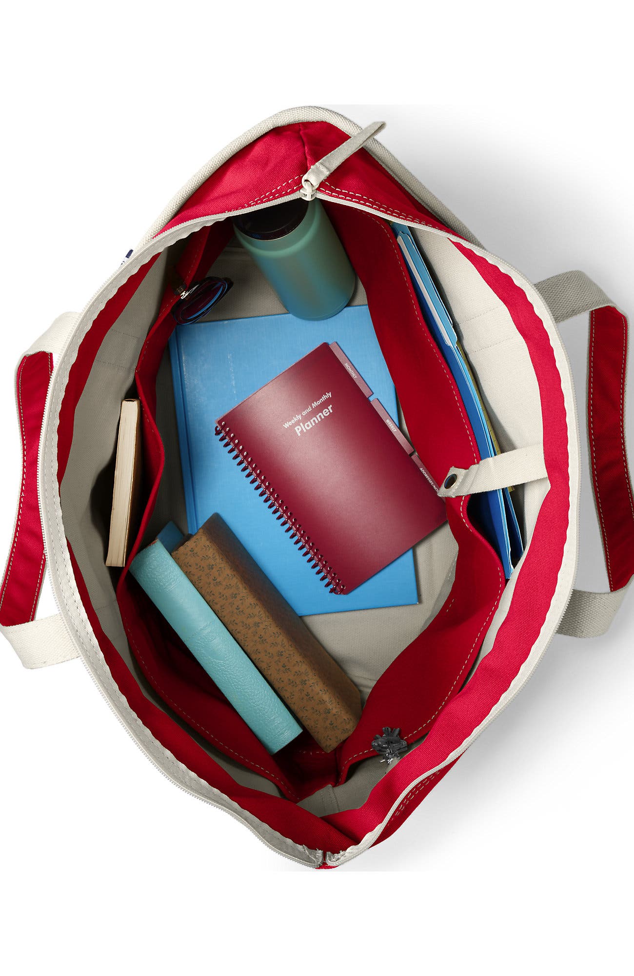 Lands' End Zip Top Canvas Tote Bag, Alternate, color, Natural/Heritage Red