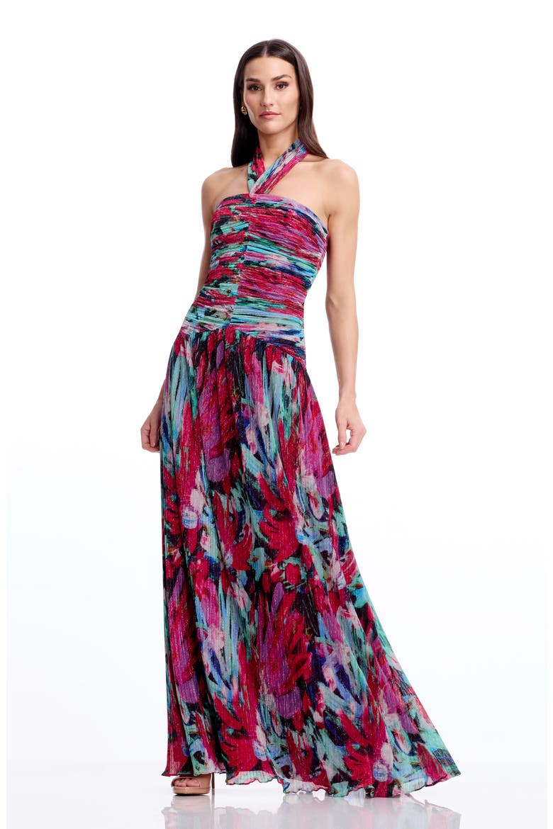 Lillian Floral Metallic Halter Gown, Alternate, color, BRIGHT FUCHSIA MULTI