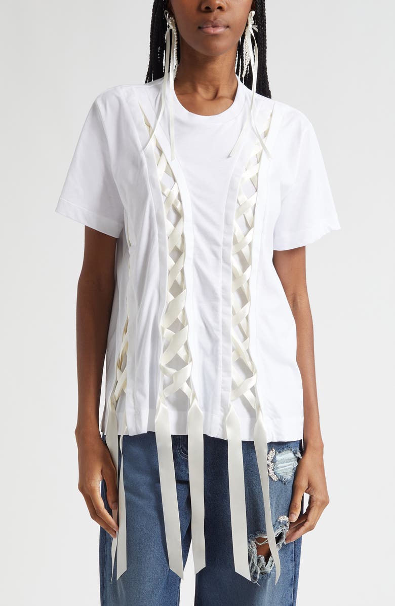 Simone Rocha Unraveling Ribbon Inset T-Shirt, Main, color, White