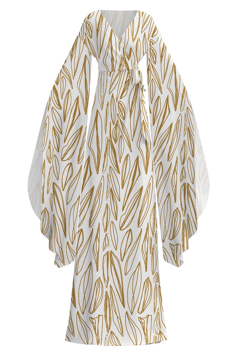 Maya Exaggerated Long Sleeve Fiore Print Jacquard Wrap Dress, Alternate, color, GOLD