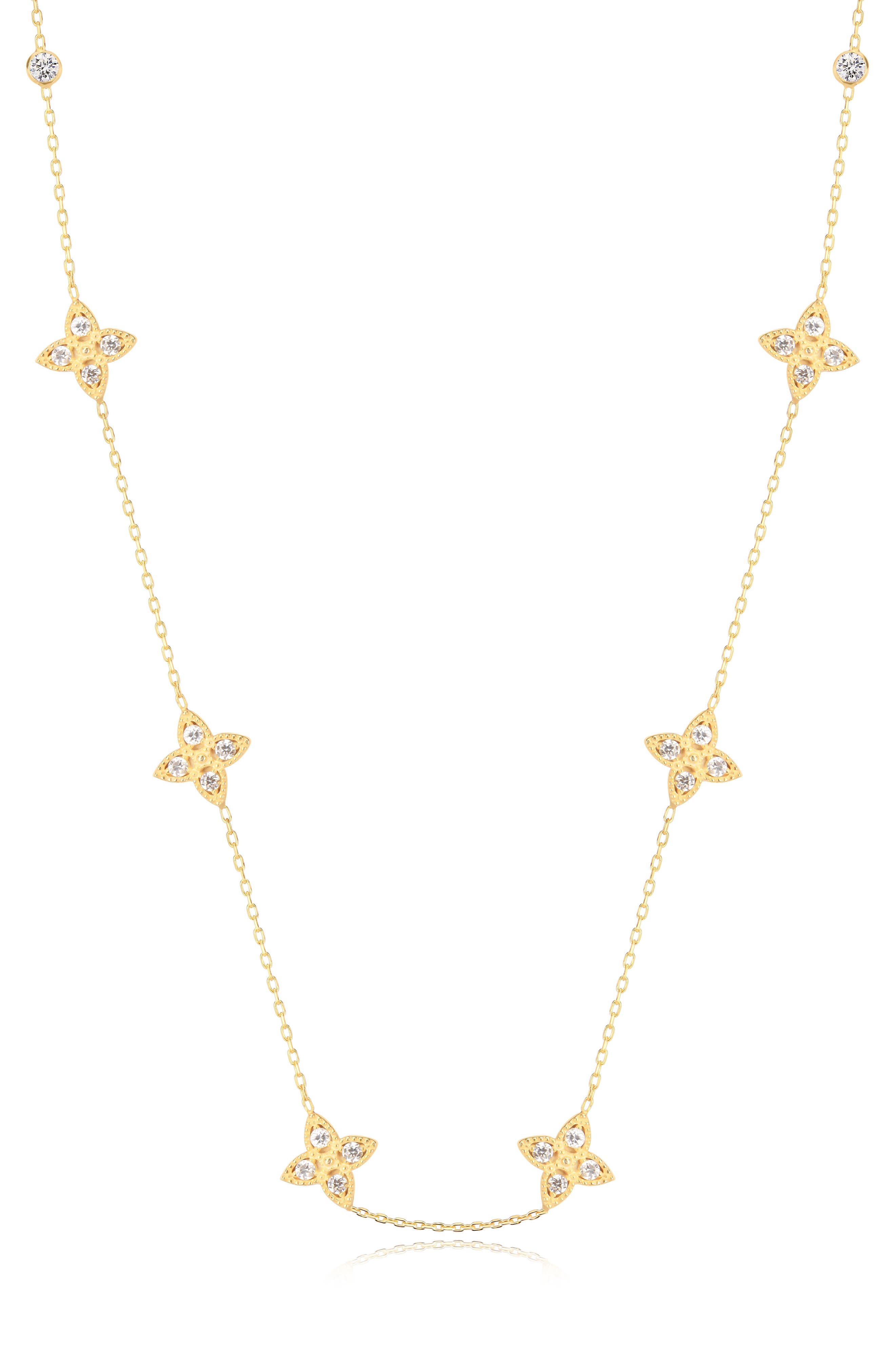 GABI RIELLE Enchanting Clover 14K Gold Plated Sterling Silver CZ Station Necklace