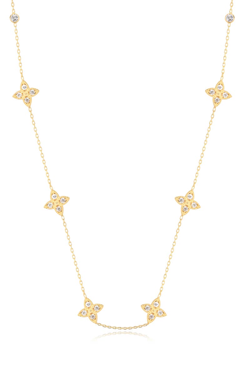 Enchanting Clover 14K Gold Plated Sterling Silver CZ Station Necklace, Main, color, GOLD