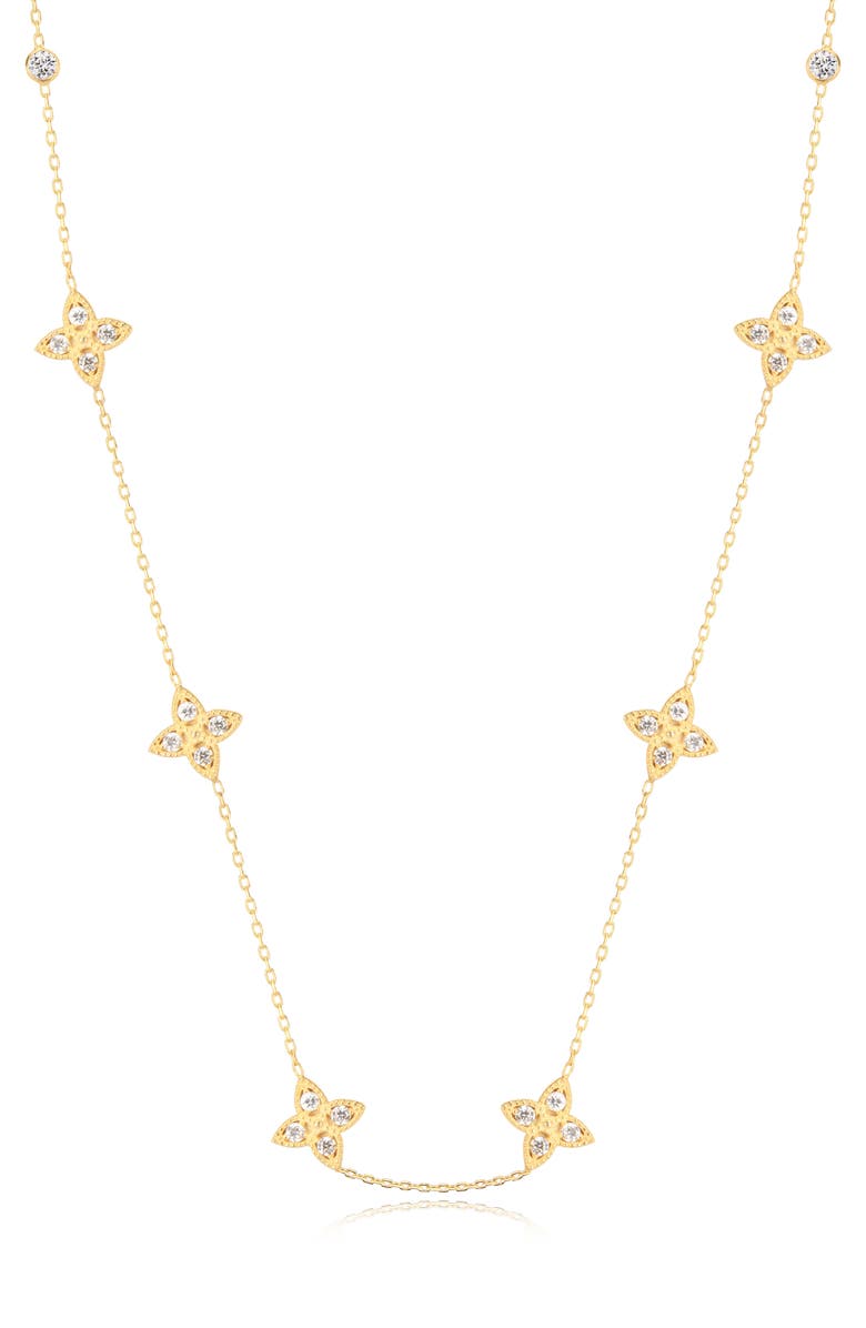 GABI RIELLE Enchanting Clover 14K Gold Plated Sterling Silver CZ Station Necklace, Main, color, Gold