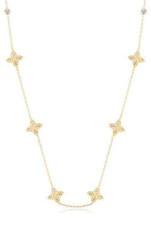Enchanting Clover 14K Gold Plated Sterling Silver CZ Station Necklace