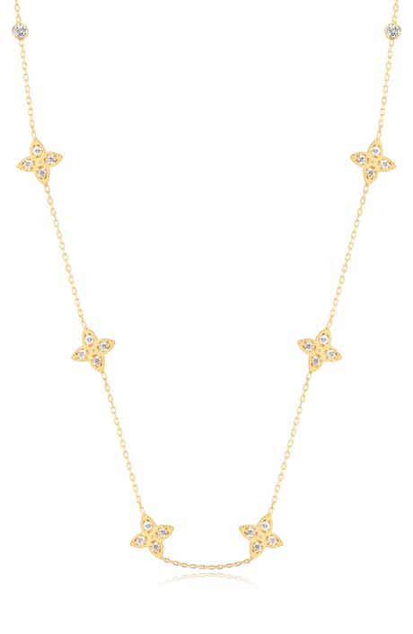 Enchanting Clover 14K Gold Plated Sterling Silver CZ Station Necklace