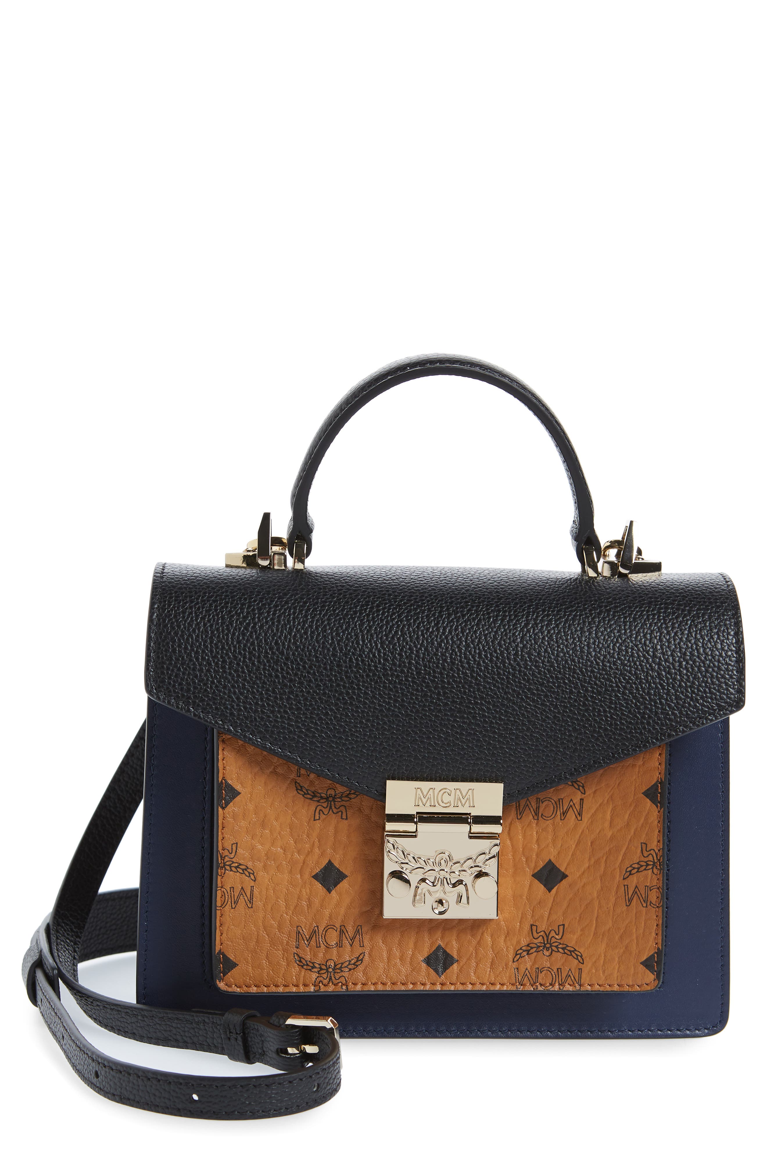 Patricia Visetos Coated Canvas & Leather Block Satchel, Main, color, COGNAC/ NAVY BLUE