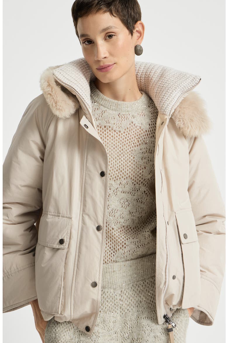 Techno cotton water-resistant taffeta down parka with detachable shearling hood and shiny zipper pull, Alternate, color, Cool Beige