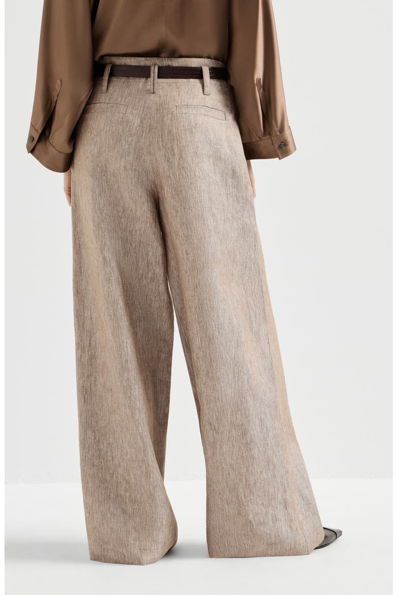 Linen denim pleated A-Line trousers with monili, Alternate, color, Beige