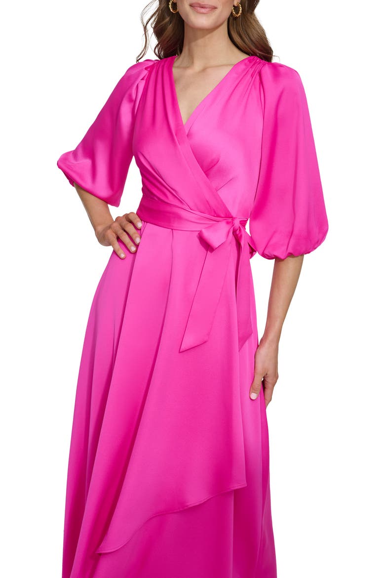 Balloon Sleeve Faux Wrap Maxi Dress, Alternate, color, POWER PINK