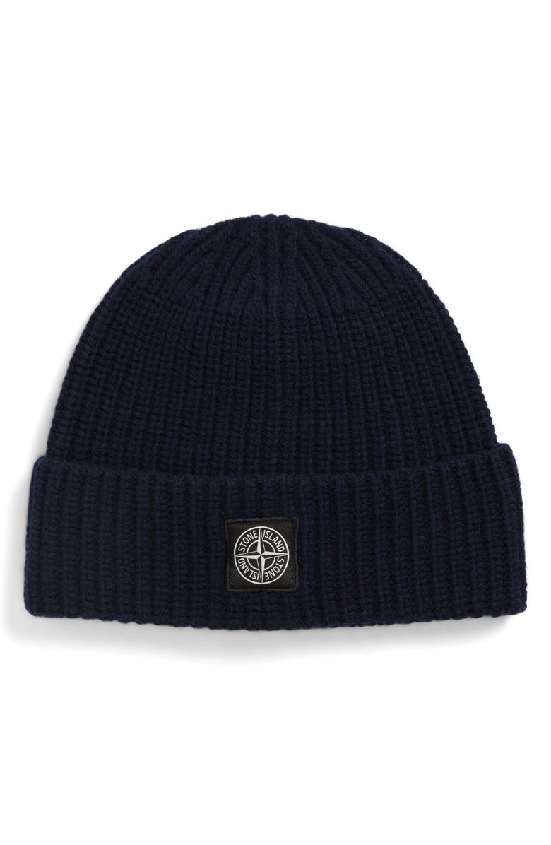 Stone Island Logo Patch Virgin Wool Rib Beanie, Main, color, Navy Blue