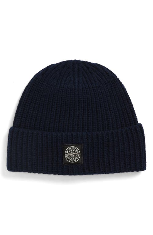 Stone Island Light Wool Knitted Beanie With Compass Patch In Black
