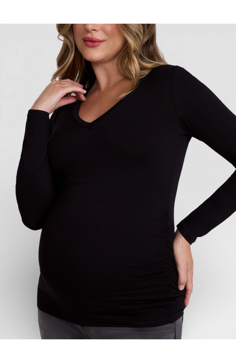 MOTHERHOOD MATERNITY V-Neck Side-Ruched Maternity Long Sleeve Tee, Alternate, color, Black