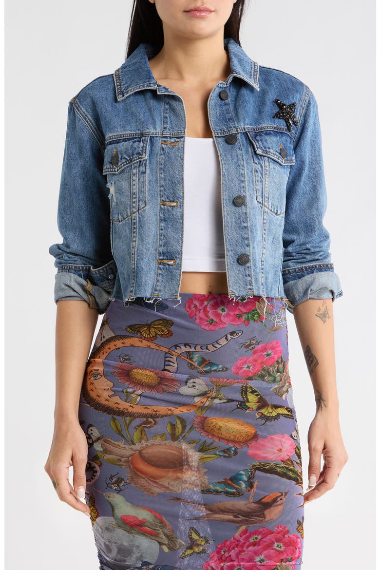 Lace-Up Back Denim Trucker Jacket, Main, color, MEDIUM BLUE