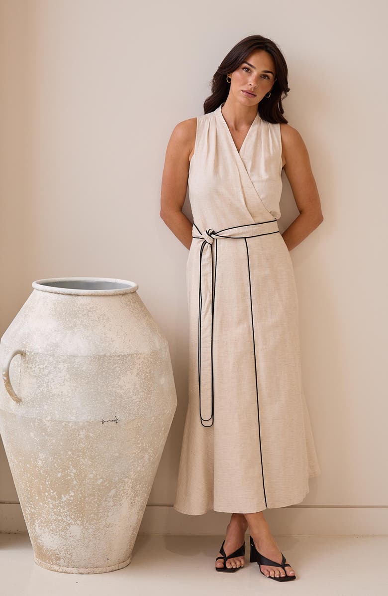Brave+True Ari Tie Waist Sleeveless Linen Blend Maxi Dress, Alternate, color, Natural/ Black