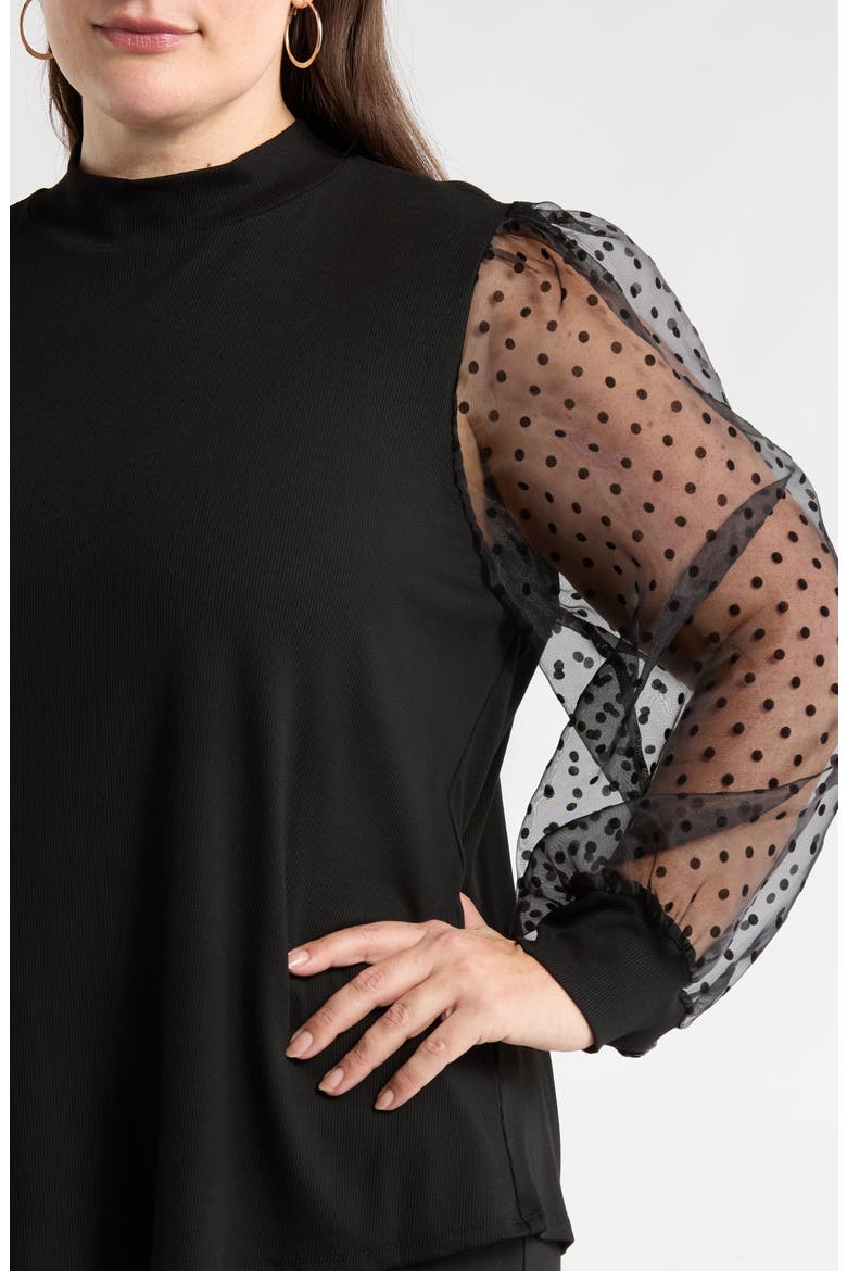 Swiss Dot Chiffon & Rib Top, Alternate, color, BLACK