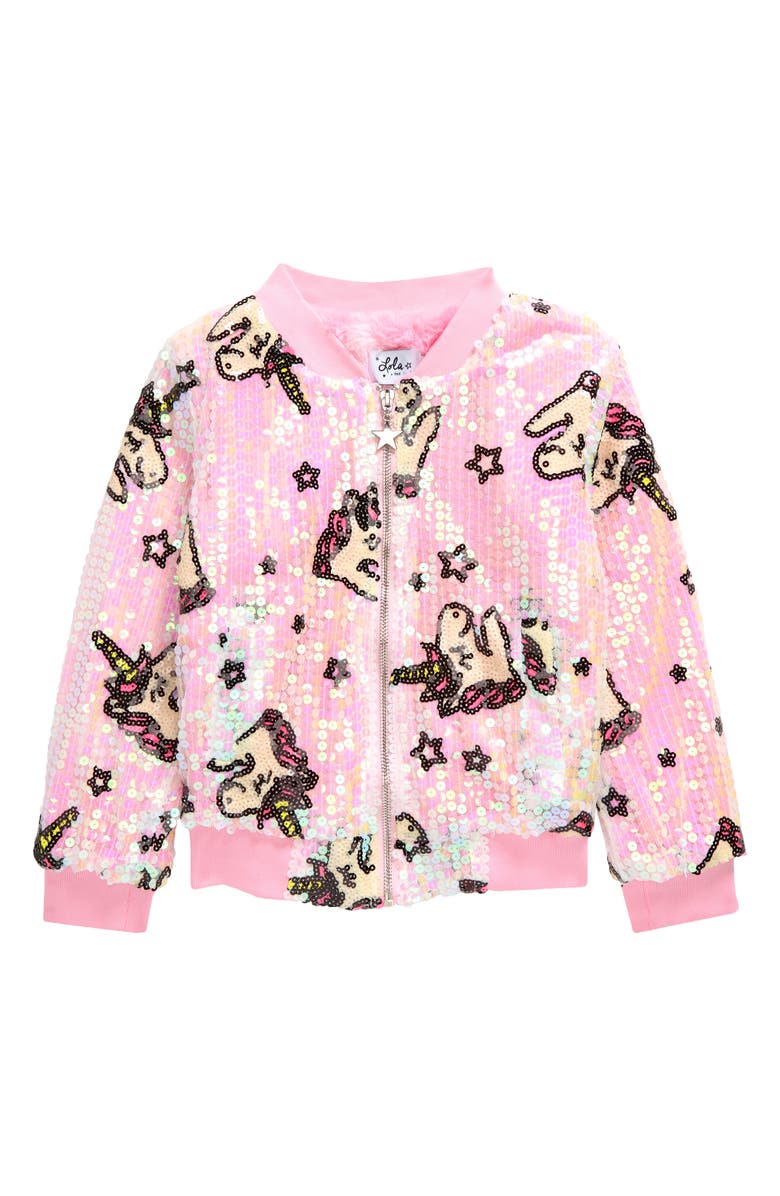 Lola + The Boys Unicorn Lovers Sequin Bomber Jacket, Main, color, 