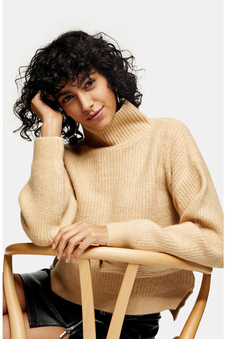 Crop Funnel Neck Sweater, Alternate, color, CAMEL