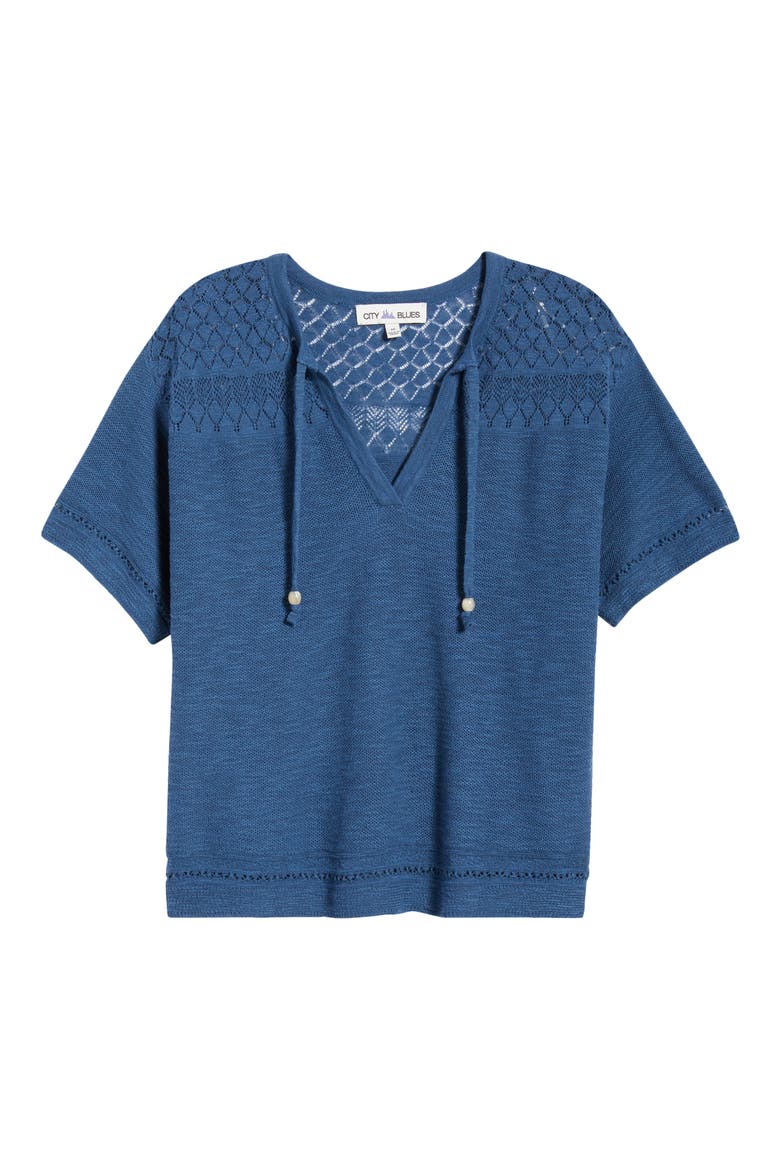 Tie Neck Pointelle Top, Alternate, color, CADET BLUE