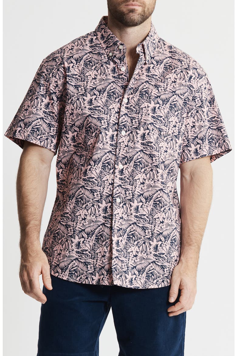 Bay Stretch Oxford Short Sleeve Shirt, Main, color, PINK TROPICAL PRINT