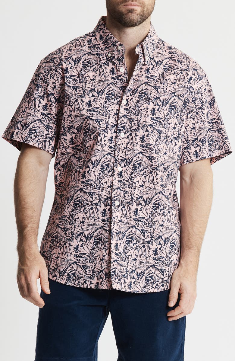 JACHS Bay Stretch Oxford Short Sleeve Shirt, Main, color, Pink Tropical Print