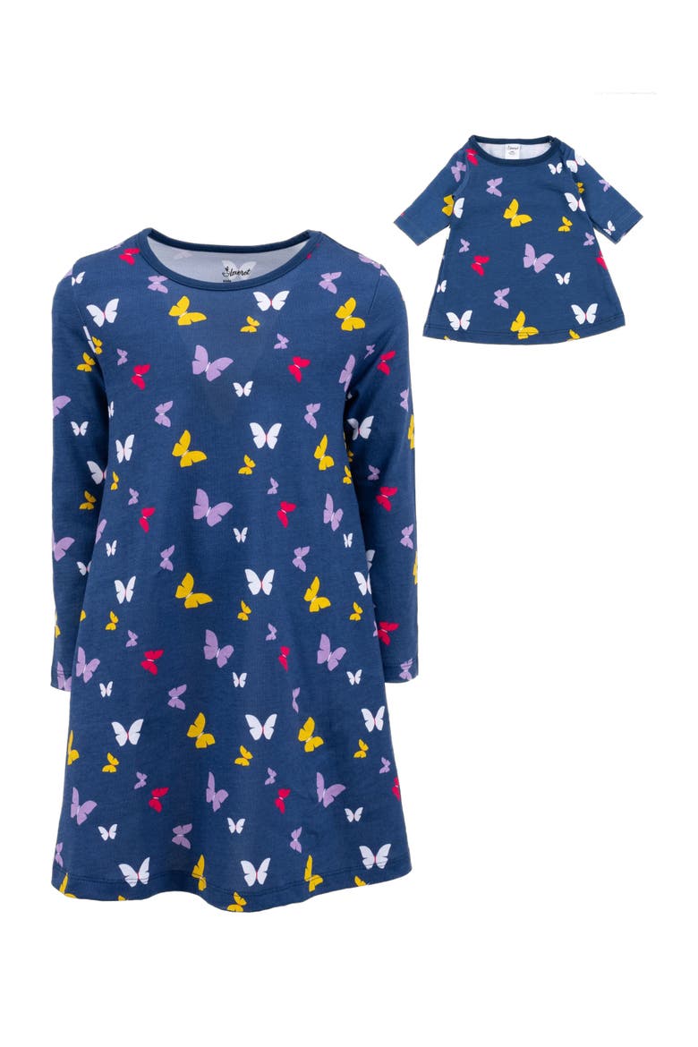 Girls Cotton Dress with Matching Doll Dress, Printed Design, Alternate, color, Butterfly