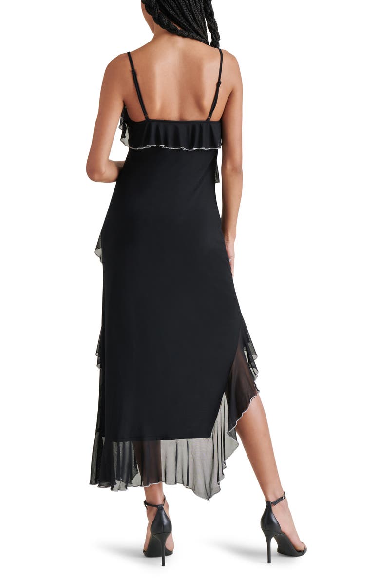 Steve Madden Aida Contrast Trim Ruffle Sleeveless Asymmetric Midi Dress, Alternate, color, 