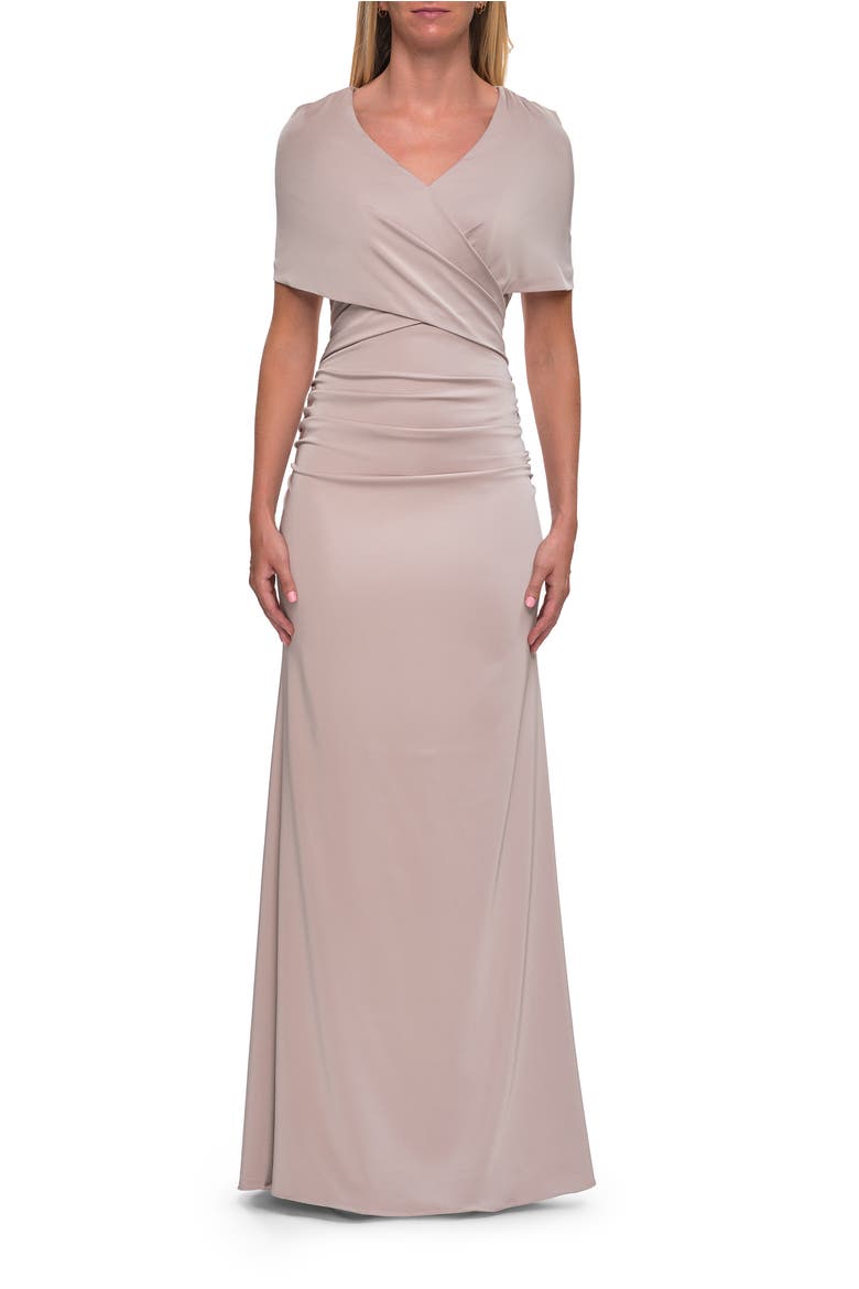 Jersey Gown with Draped Bodice and Short Sleeves, Main, color, Champagne