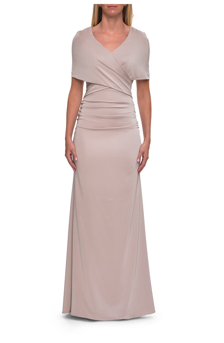 La Femme Jersey Gown with Draped Bodice and Short Sleeves, Main, color, Champagne