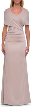 La Femme Jersey Gown with Draped Bodice and Short Sleeves