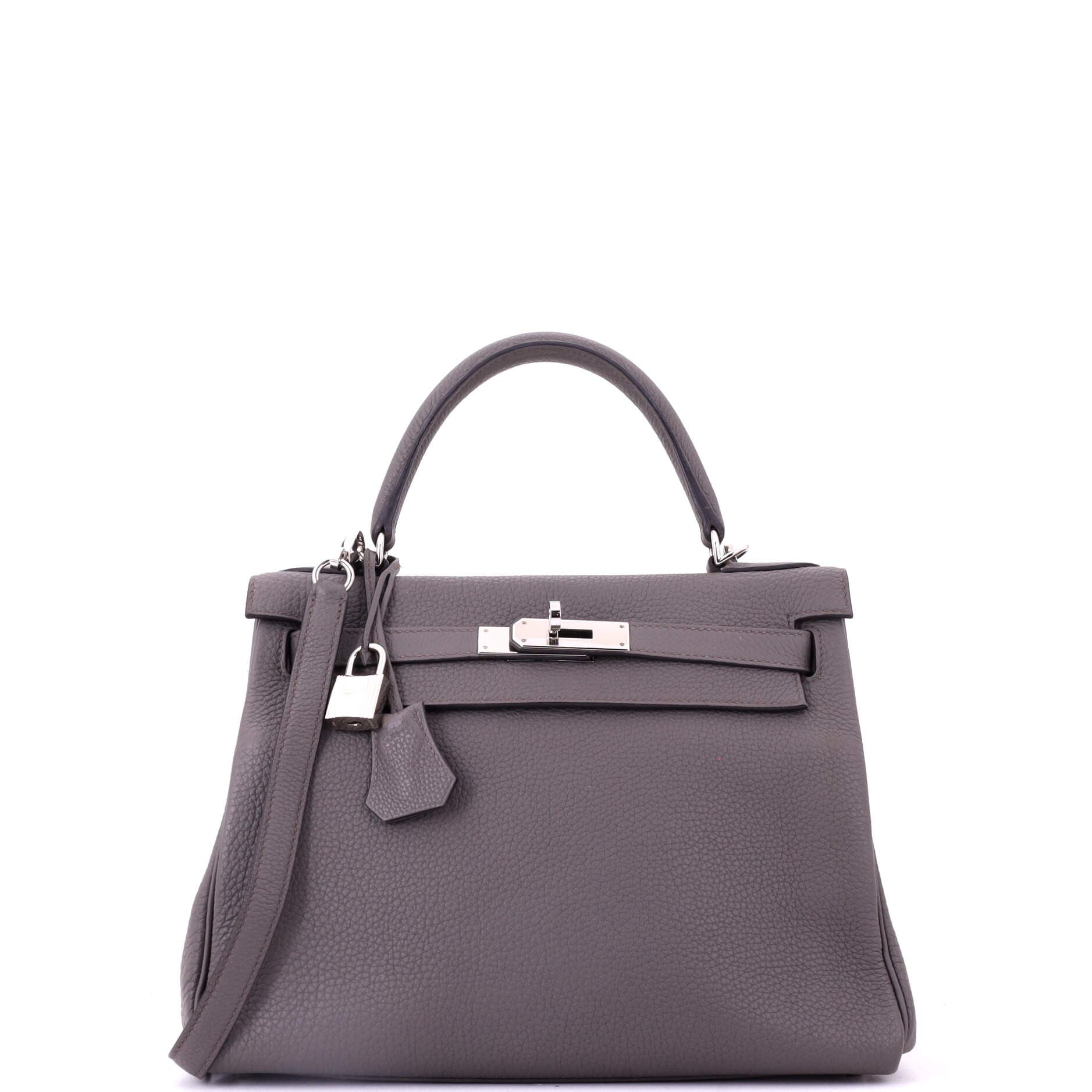 Pre-Owned Hermes Kelly Handbag Grey Clemence with Palladium Hardware 28, Main, color, Etain