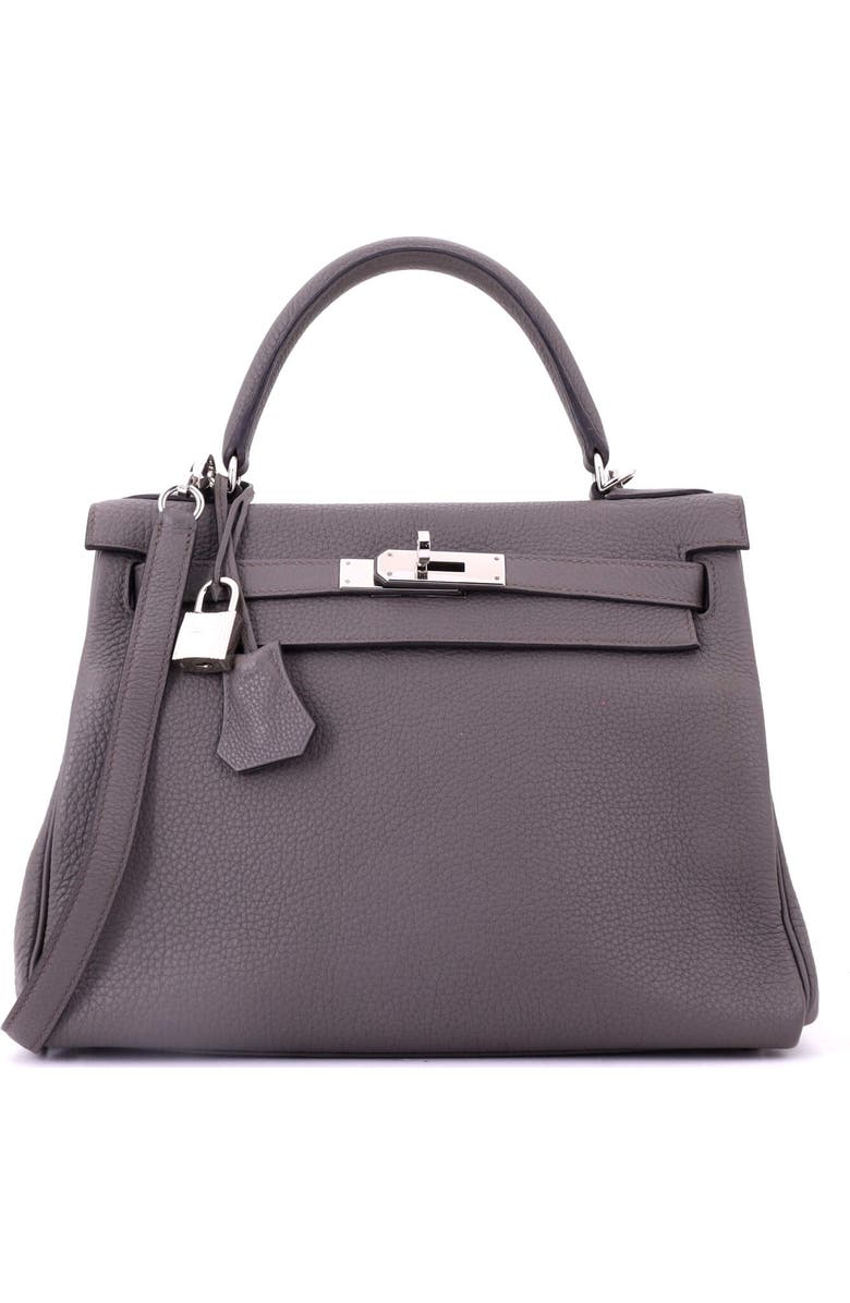 Pre-Owned Hermes Kelly Handbag Grey Clemence with Palladium Hardware 28, Main, color, Etain