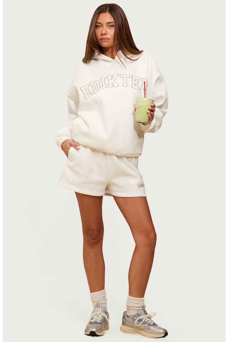 'Edikted Girl Embroidered Logo Fleece Hoodie, Alternate, color, WHITE