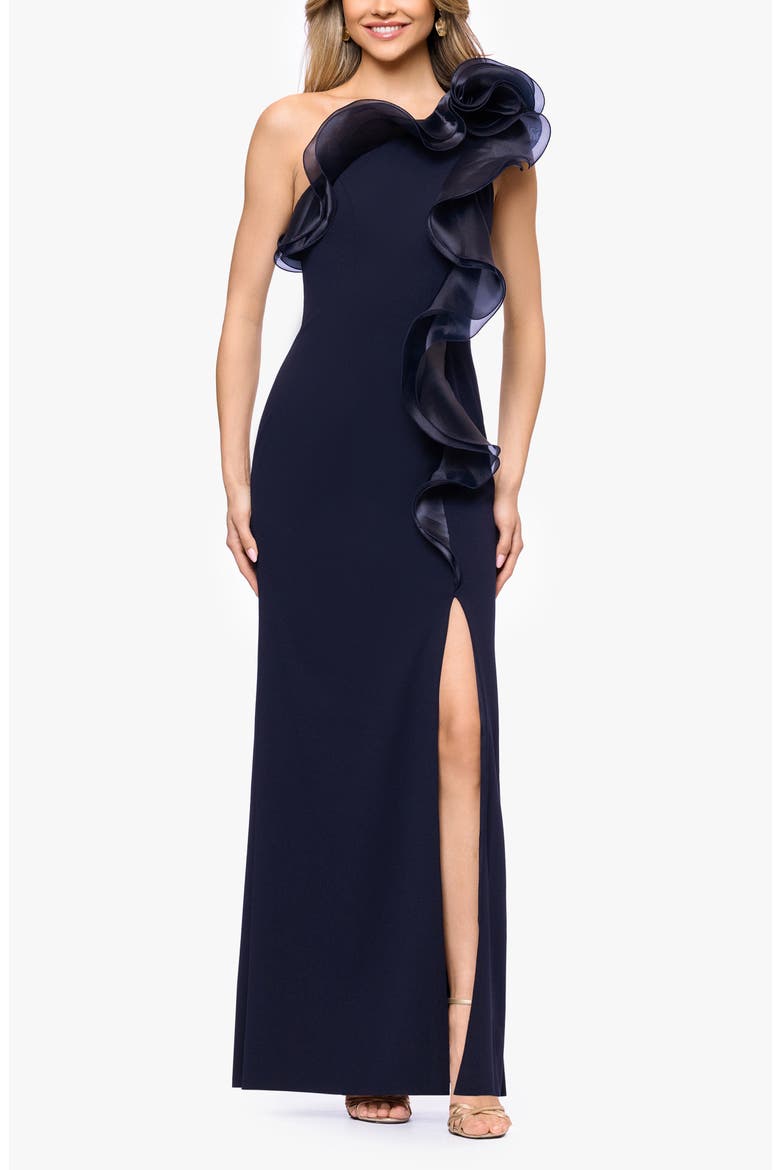 Organza Ruffle One-Shoulder Scuba Crepe Gown, Main, color, NAVY/ NAVY