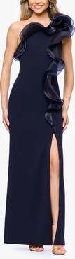 Betsy & Adam Organza Ruffle One-Shoulder Scuba Crepe Gown
