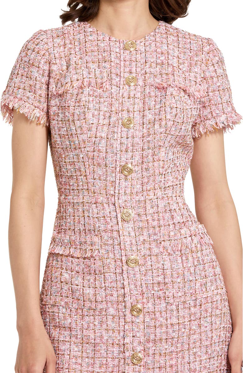 Mac Duggal Boucle Short Sleeve Button Down Mini Dress With Pockets, Alternate, color, Pink Multi