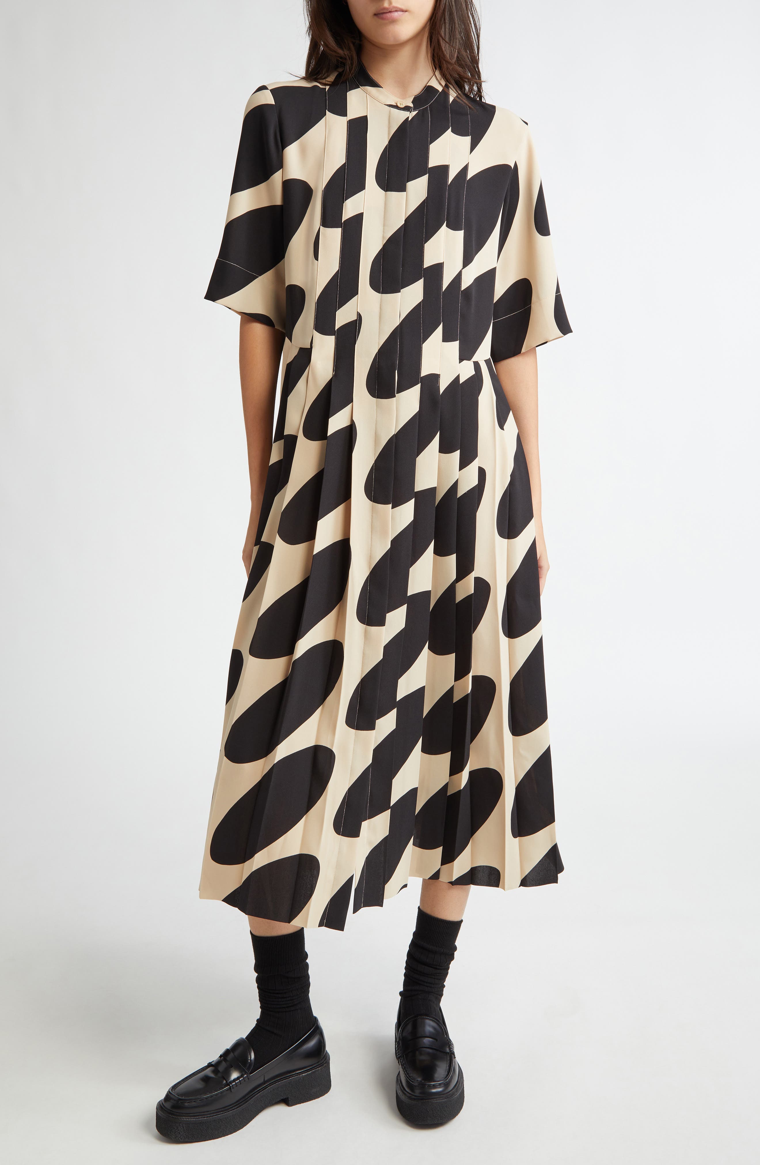 Marimekko Pliitti Linssi Button Front Midi Dress in Brown Black 