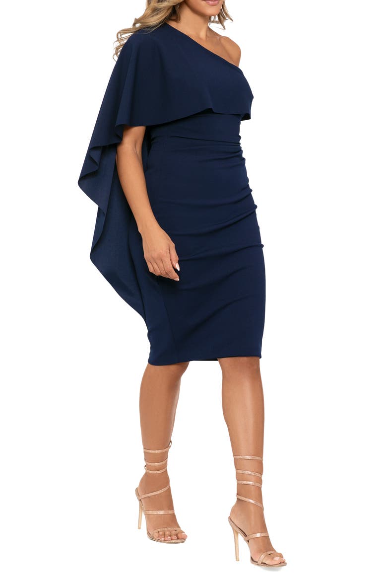 One-Shoulder Cape Detail Scuba Crepe Cocktail Dress, Alternate, color, NAVY