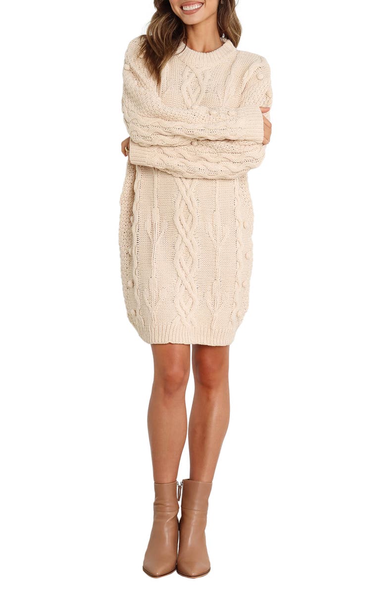 Petal & Pup Mona Cable Stitch Long Sleeve Sweater Minidress, Main, color, Cream