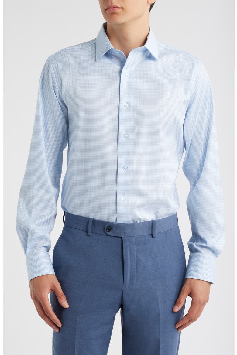 Trim Fit Houndstooth Check Stretch Cotton Dress Shirt, Main, color, LIGHT BLUE