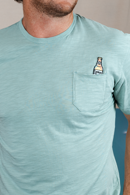 Baja Llama Cerveza For My Face-a Slub Pima Pocket Tee In Green